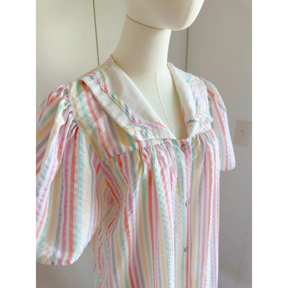 Vintage Womens Housedress Pastel Striped Size Large Collared Poolside Loungwear - Picture 5 of 8